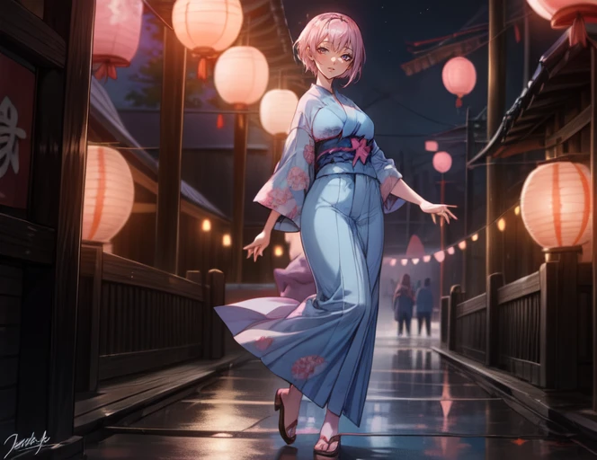 (masterpiece, best quality),(depth) of (field),  <lora:OguraMio001:0.9> 1girl, blue kimono, pink_hair, short hair,  <lora:add_detail:1>,  <lora:age_slider_v2:2>, festival, night, lanterns, fullbody, , adult