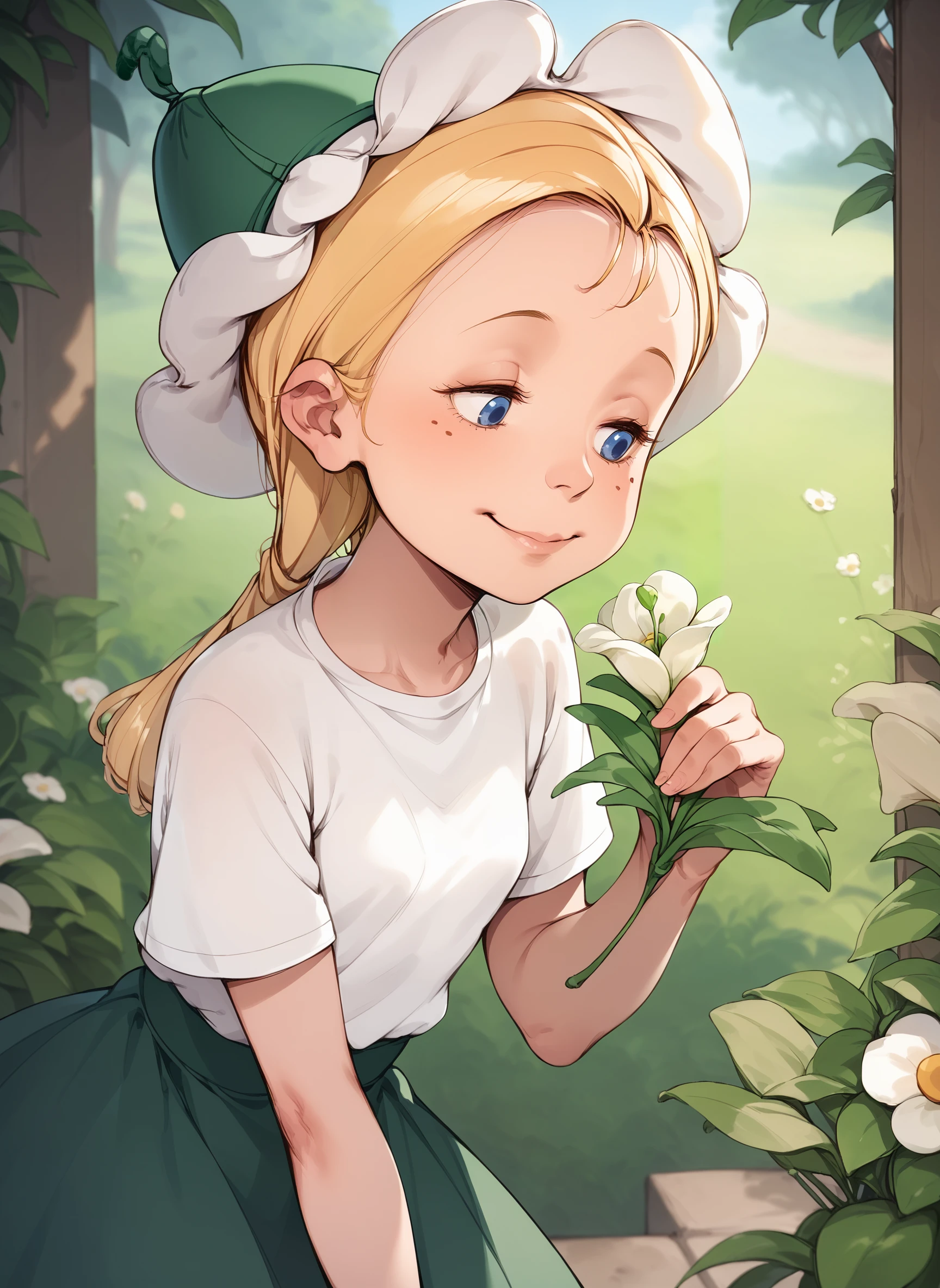 score_9, score_8_up, score_7_up, BREAK
romashka, 1girl, solo, blonde hair,  white shirt, green skirt, ponytail, freckles, outdoors, petite, cute face, smile, head tilt, [white|green] tulip hat, blue eyes, looking down, flower, leaning forward, touching flower, half-closed eyes,
<lora:romashka_pdxl6:1>