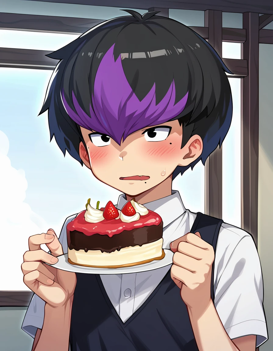 anime artwork, score_9, source_anime, rating_safe BREAK 1boy, solo, male focus,
netami-masuo, black hair, multicolored hair, black eyes, mole under eye, blush, white short sleeve shirt, 
upper body, open mouth, eating cake, holding foak, <lora:netami-masuo:5>