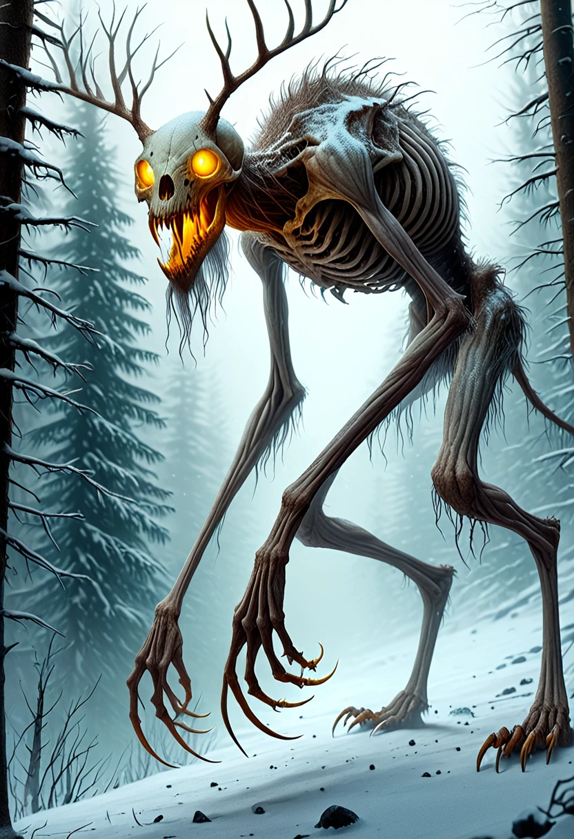 ttwndgo, a monster creeping through a snowy forest, digital art, realistic concept art