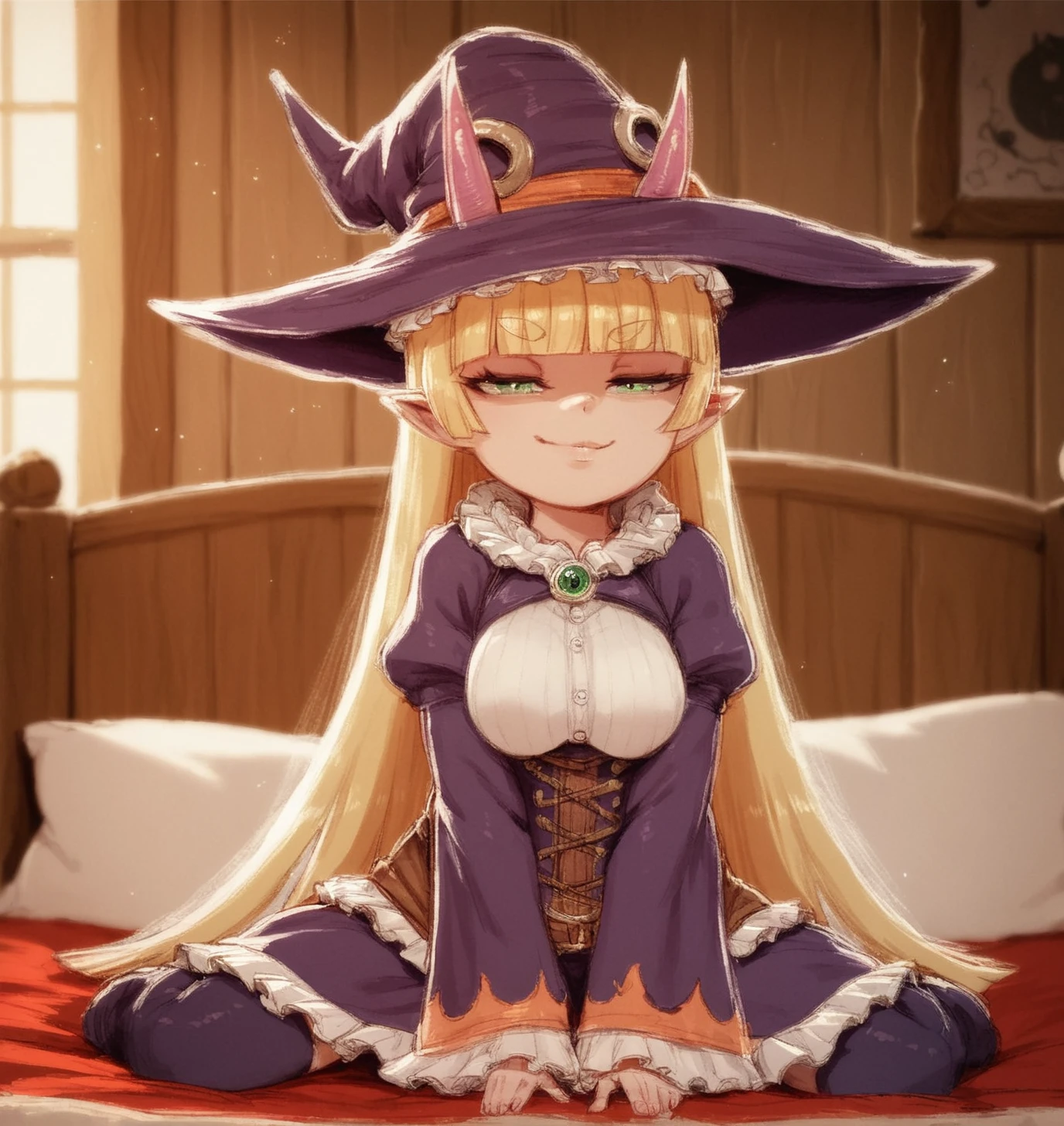 score_9, score_8_up, score_7_up, score_6_up, Detailed Background, BREAK
<lora:Suki:0.7> suki, 1girl, pointy ears, long hair, blonde, green eyes, breasts, horns, blunt bangs, young, BREAK
Frills, witch hat, smug, bedroom, sitting on bed,