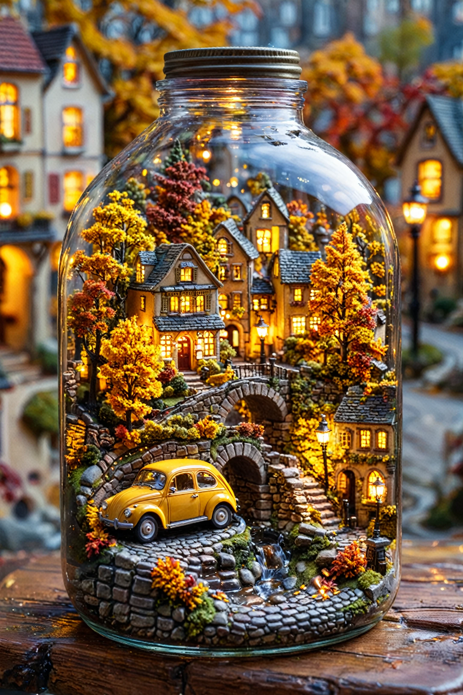 Miniature autumnal townscapes in transparent jar: quaint houses adorned with vibrant foliage, vintage yellow car parked on cobblestone street, stone bridge arching over small stream. Softly glowing street lamps illuminate scene, warm light casting gentle shadows. Blurred cityscape with lit windows subtly hints at larger urban area beyond.<lora:EMS-384353-EMS:0.800000>