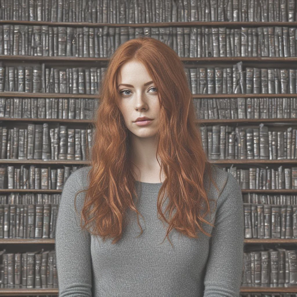 redhead, library, facing the viewer