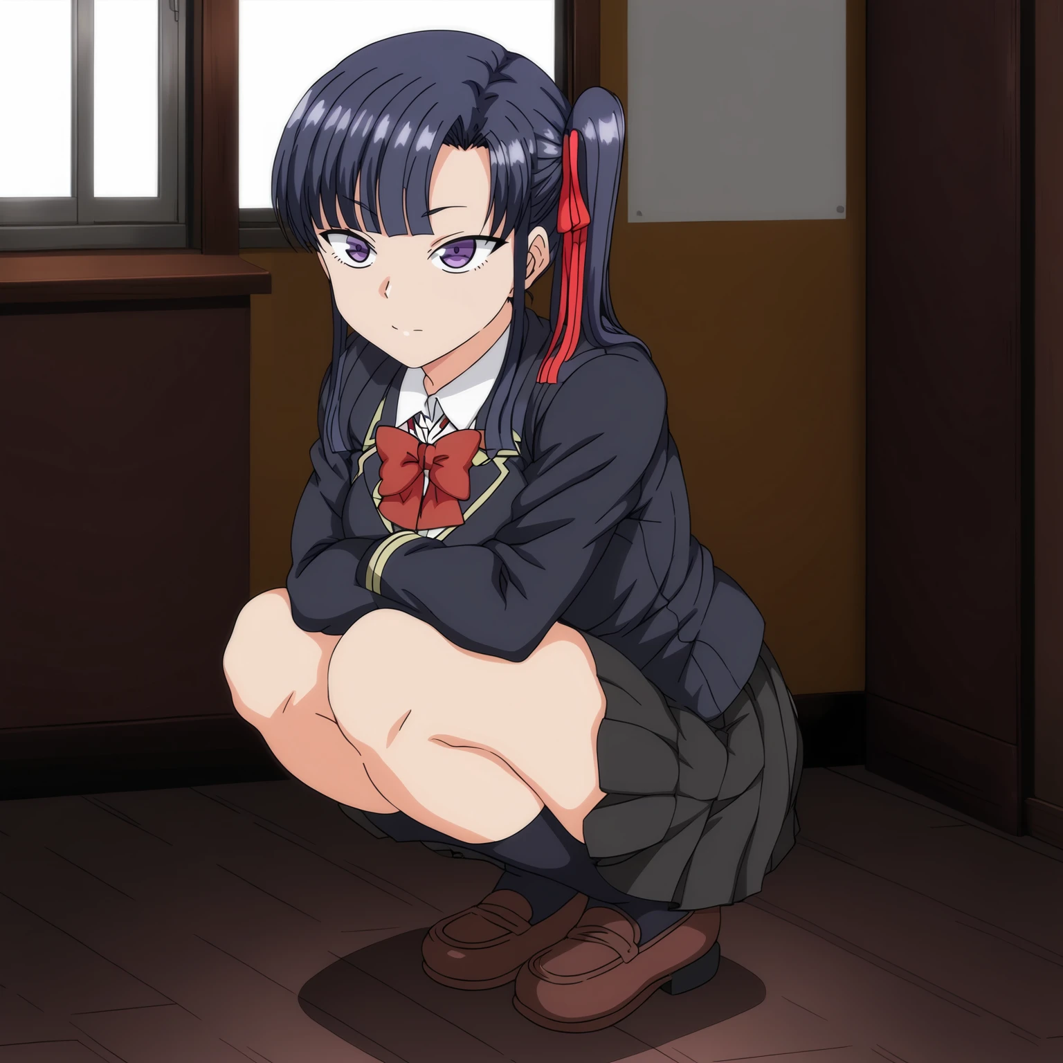 <lora:SakuraMiyajimaXLpony001>,<lora:bold-16oa:-0.5>,
solo,
SakuraMiyajima,1girl,blue hair,side ponytail,purple eyes,hair ribbon,
school_uniform,red bow tie,
pleated_skirt,
black socks,
indoors,
full body,squatting,