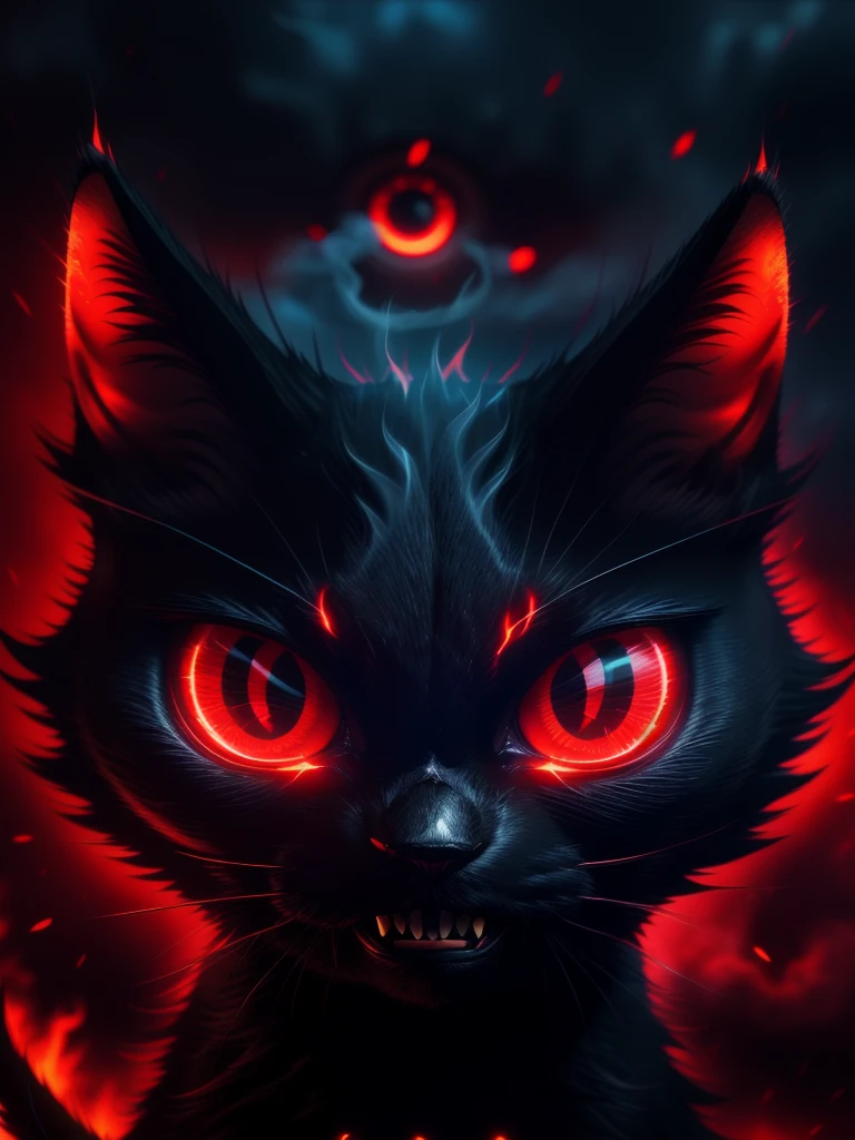 dark, noir, aggressive cat head smiling, red glowing eyes, epic composition, exciting scenery, highly detailed, cinematic, depth of field, red backlight, illuminated swirly smoke aound the head