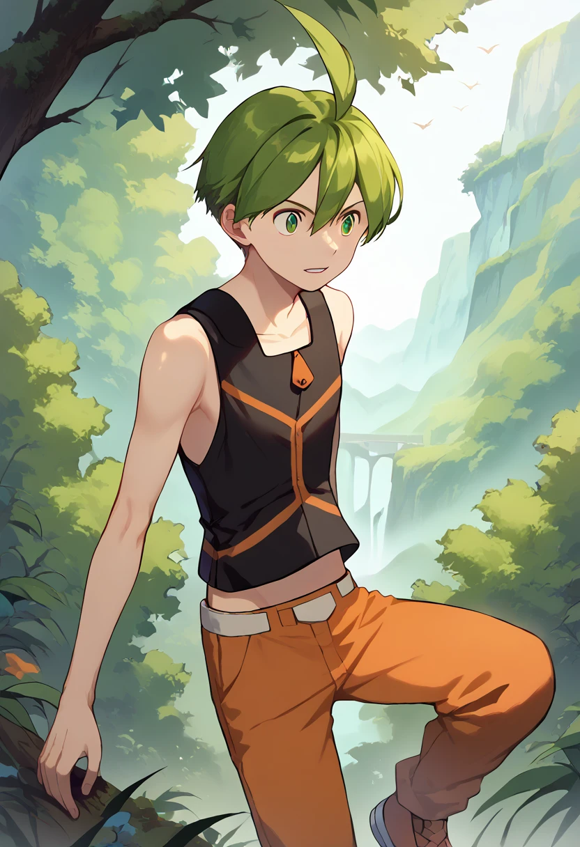 score_9, score_8_up, score_7_up, masterpiece, best quality, amazing quality, best aesthetic, ,absurdres,intricate details, aaron, green eyes, green hair, ahoge, black sleeveless shirt, orange pants, white with orange shoes, belt<lora:EMS-380018-EMS:1.000000>