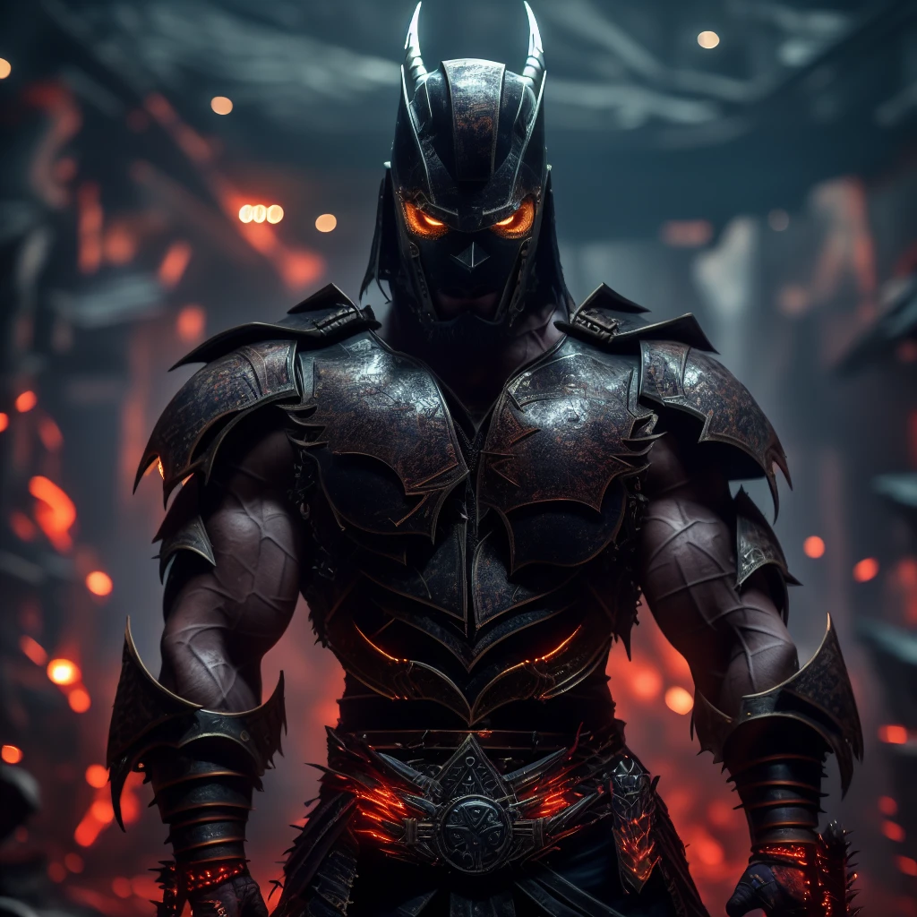 dark, noir, fantasy barbarian body portrait, strong muscles, spotlight, backlight, highly detailed, fully featured armor, leather armor, some cyber implants, victory pose in a battle arena, epic composition, photoshot, cinematic