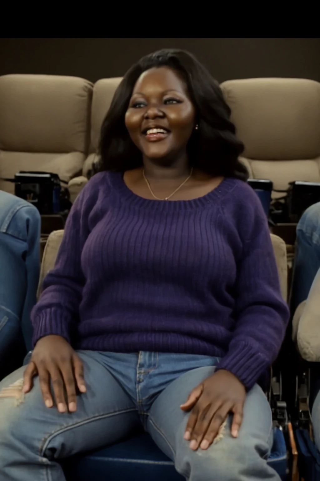<lora:Junkyard Sal_epoch_9:0.8>, 1girl, solo, (junkyard_sal), chunky sweater, denim jeans, sitting in a movie theatre, smile, (insanely detailed, masterpiece, detailed eyes, best quality)