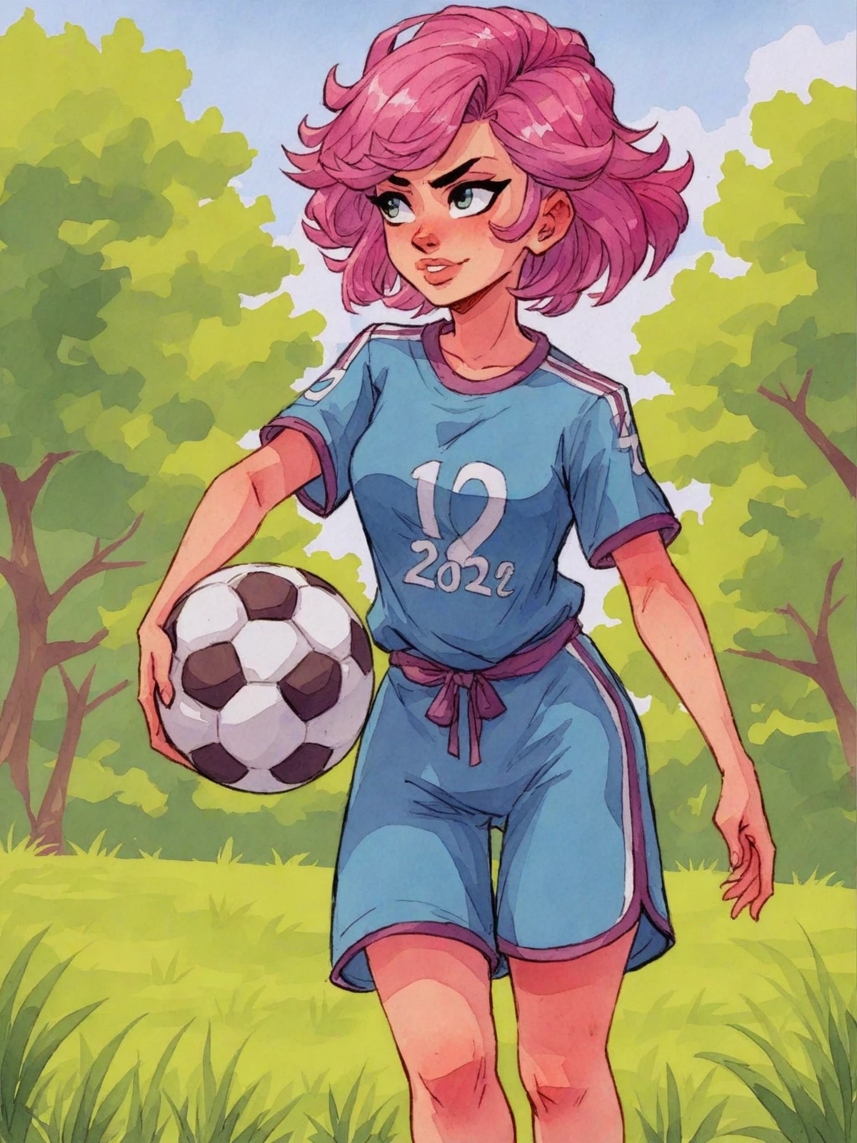Watercolor style painting, score_9, score_8_up, score_7_up, semirealistic, <lora:Watercolour_Portraits_0.1:1> watercolour,
1girl holding a soccer ball, solo, short pink hair,
outside, simple background, visible paper texture, colorwash, watercolor