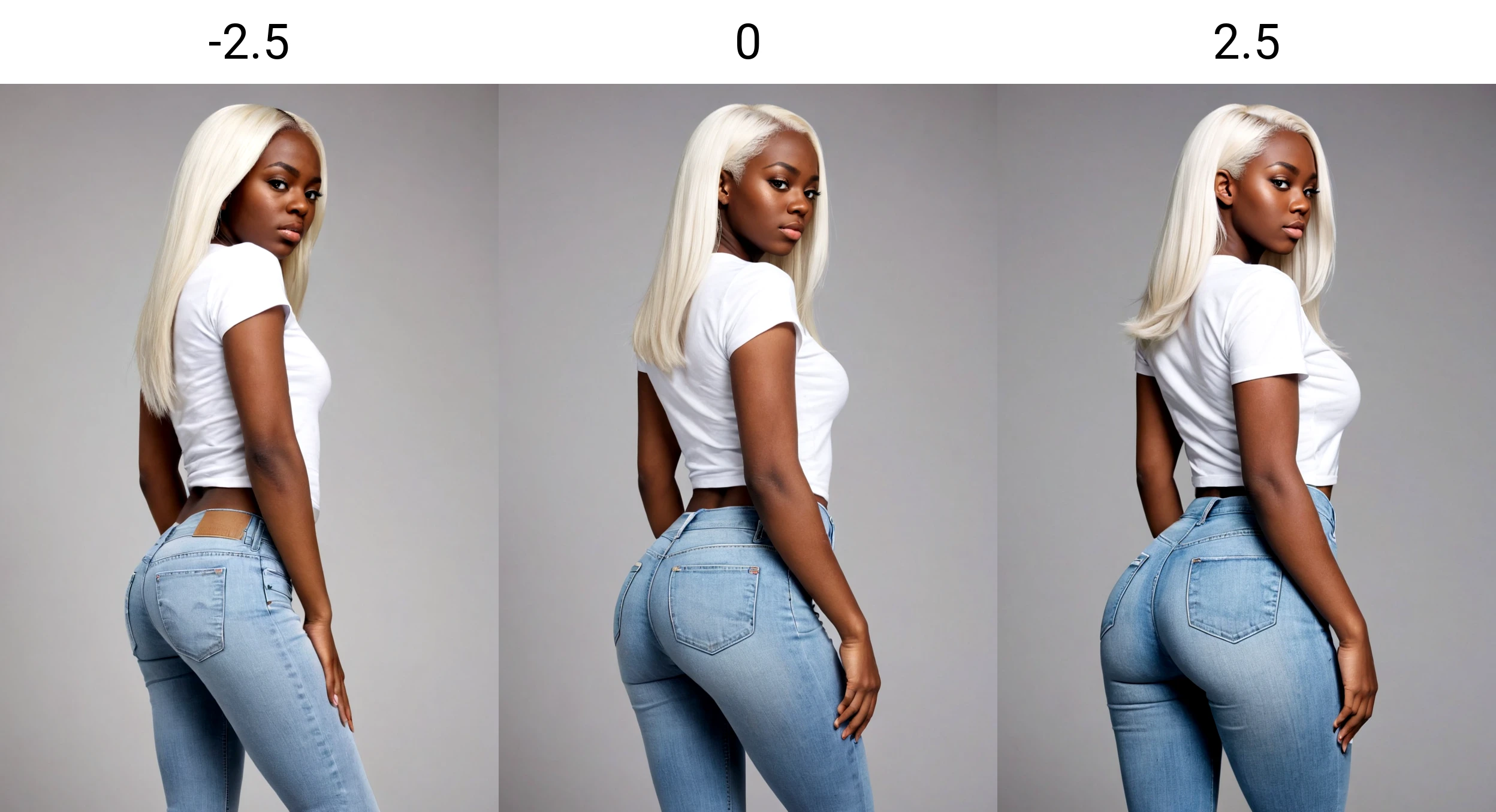 <lora:Bubble Butt_alpha1.0_rank4_noxattn_last:-2.5>, butt, woman, ((standing)), (jeans), (white tshirt), ((looking at viewer)), bubble butt, beautiful face, (((side view))), (white straight hair),
<lora:Skin Color_alpha1.0_rank4_noxattn_last:2.5>,