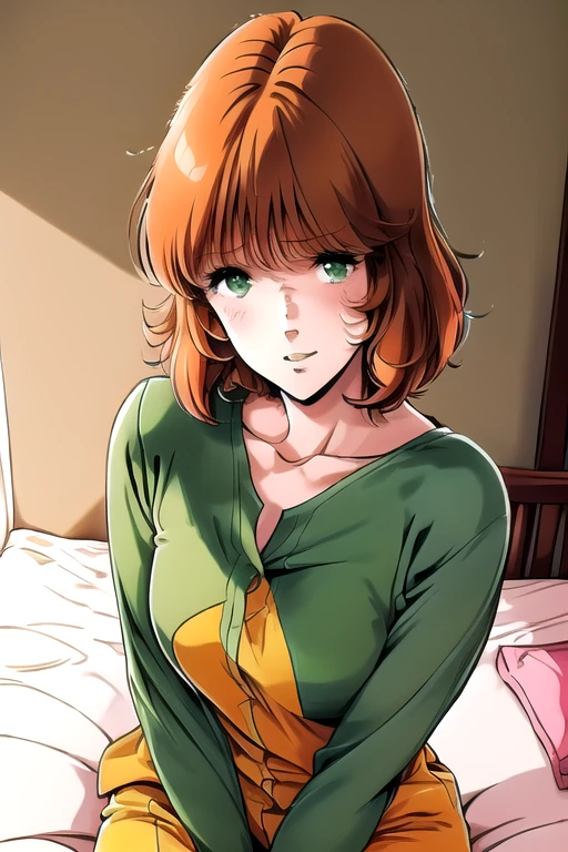 <lora:MimsyV5:1.1>, solo, 25 years old woman, adult, tall, brown orange hair, bob cut, fine hair, shaggy, hair covers ears, ears are covered by hair, dark green eyes, light pink lips, yellow pajamas, she is sitting on the bed, a little sad, not happy, blushing,