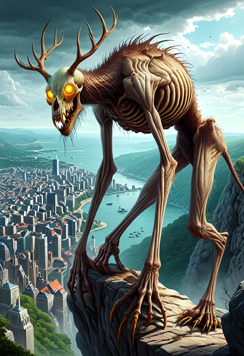 ttwndgo, a monster looking down at a city from a cliff, digital art, realistic concept art