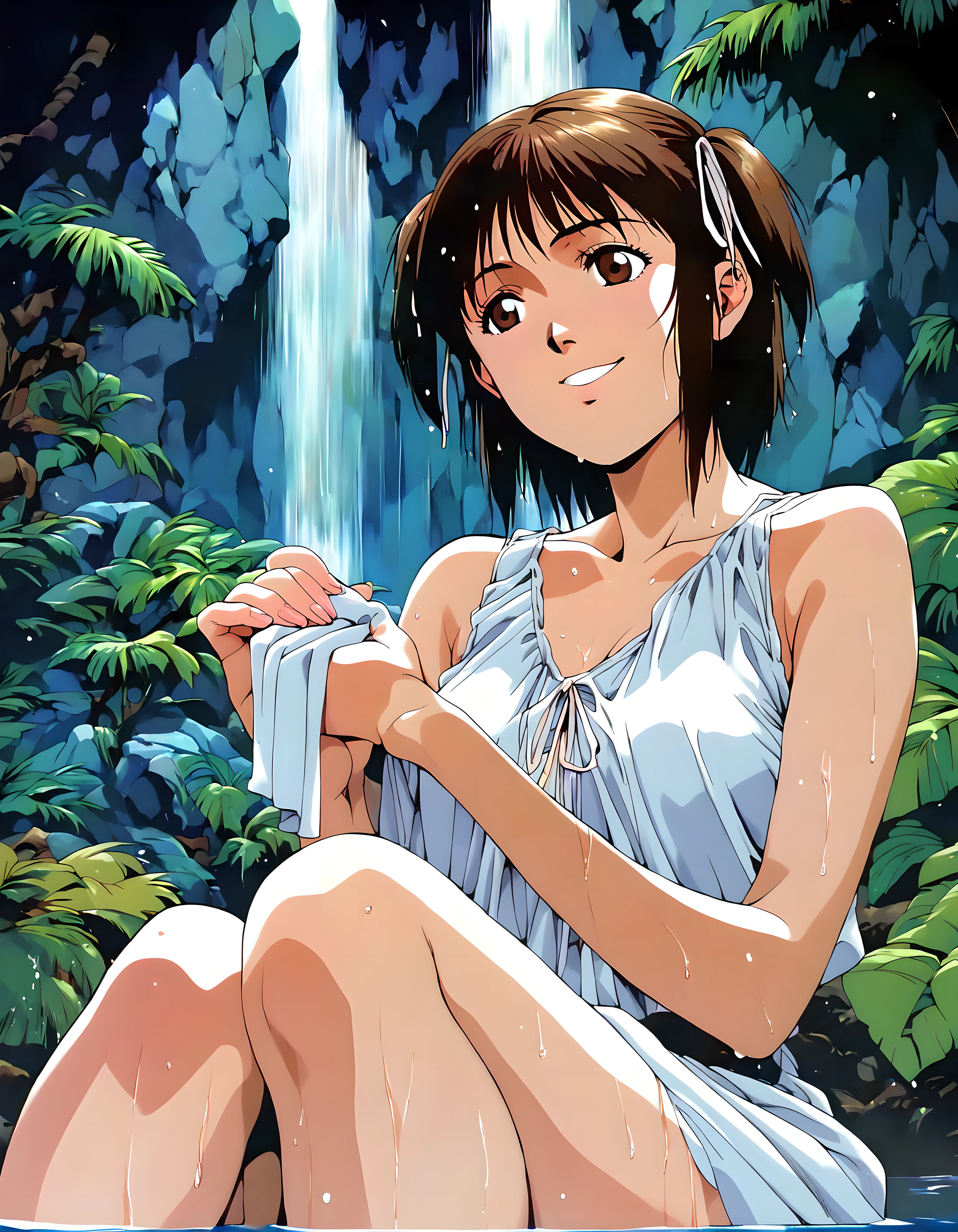 <lora:pony_xl_kayo>,kayo,score_9,score_8_up,score_7_up,source_anime,1girl,a crystal clear light dress,soaking_feet,smile,hair_flaps,wet skin,