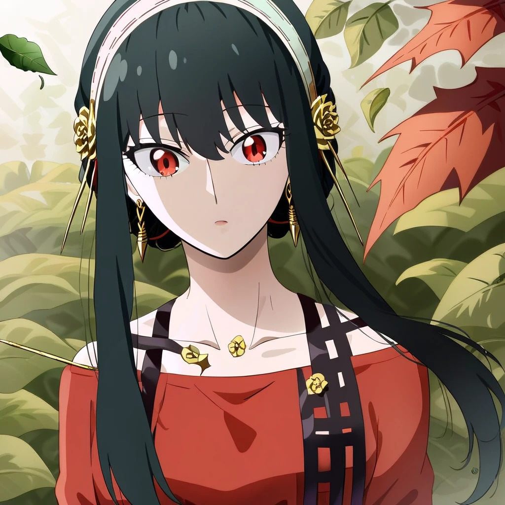 yor briar,  1girl, bangs, black hair, collarbone, earrings, hairband, jewelry, leaf, long hair, long sleeves, off-shoulder shirt, off shoulder, red eyes, red shirt, shirt, solo, upper body, white hairband  , ((masterpiece))