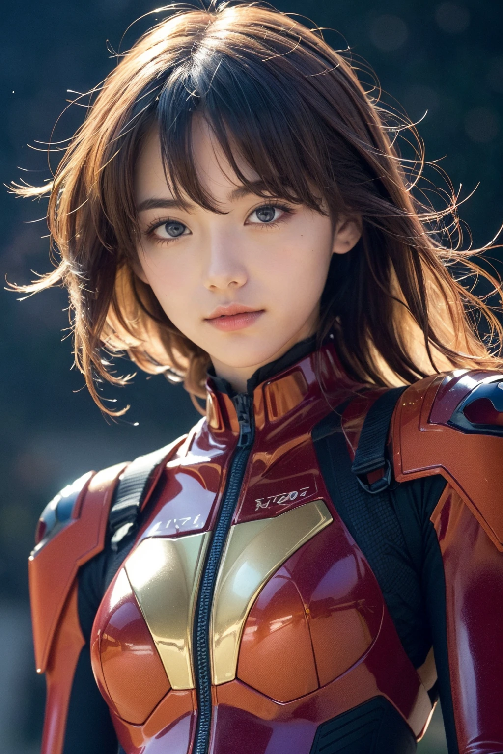 (best quality, masterpiece, colorful, highest detailed) upper body photo,fashion photography of cute (Asuka Langley),in high detailed textured Evangelion red plugsuit,(ultra-detailed body),(light smile:0.3),moonlight passing through hair,(colorful background:1.3),(intricate details),(dynamic angle),