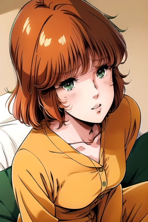 <lora:MimsyV5:1.1>, solo, 25 years old woman, adult, tall, brown orange hair, bob cut, fine hair, shaggy, hair covers ears, ears are covered by hair, dark green eyes, light pink lips, yellow pajamas, she is sitting on the bed, a little sad, not happy, blushing,
