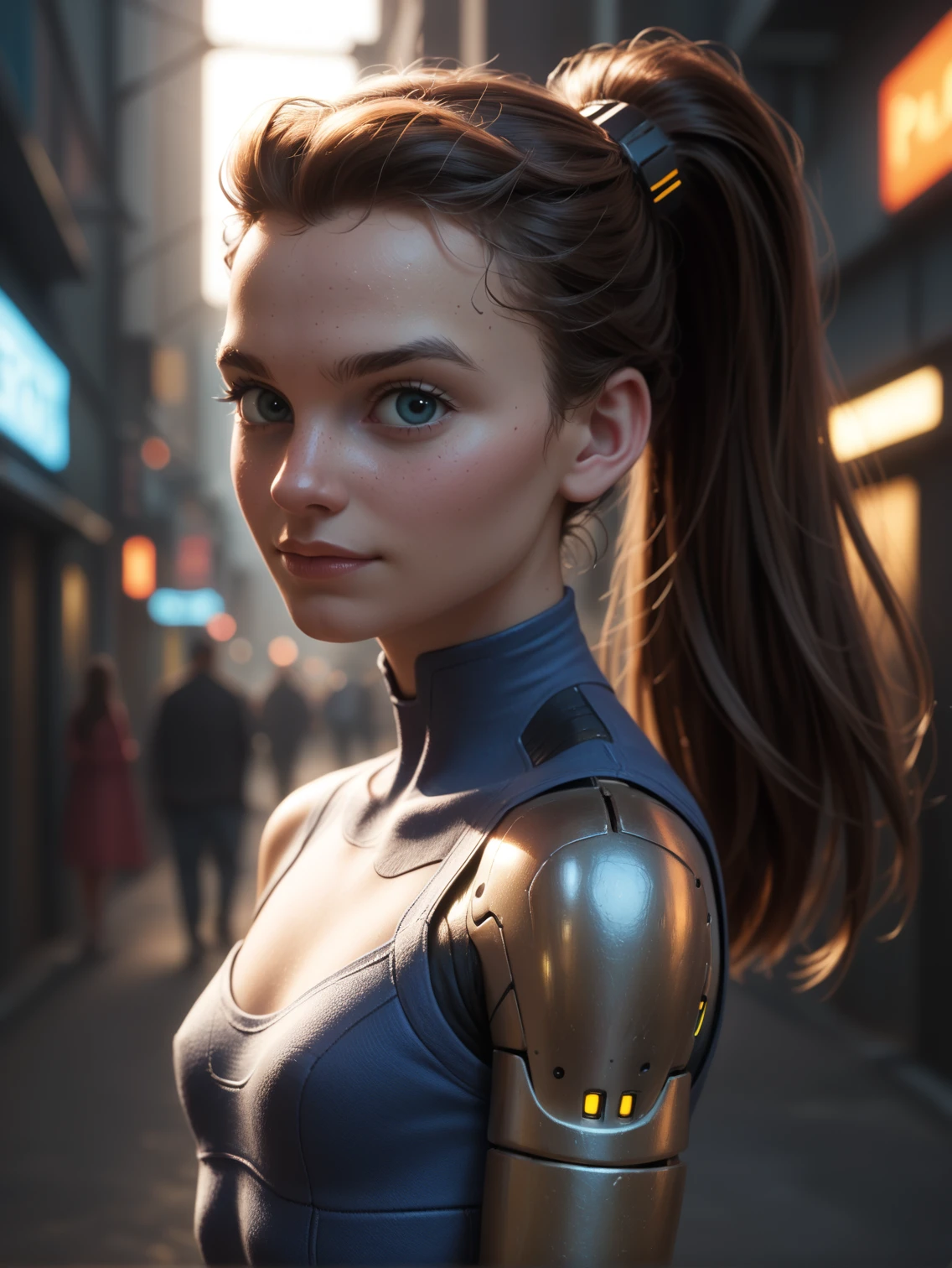 (score_9, score_8_up, score_7_up:1.1), score_6_up, score_5_up, score_4_up, source_cartoon, (semi-realistic disney cartoon, volumetric lighting:1.1), 1girl, (scifi city streets, futuristic cyberpunk clothes:1.1), mechanical metal arm, (sly smirk:0.7), cute woman, petite, brunette, ponytail, looking at viewer, (side view:0.8), upper body