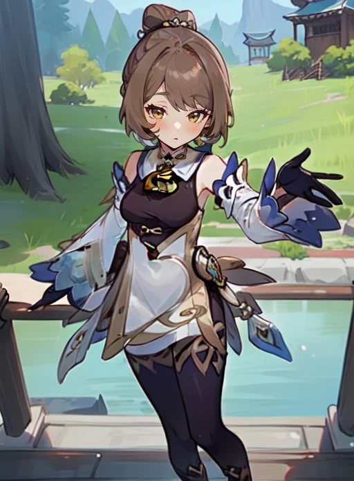 (masterpiece, best quality),(depth) of (field), <lora:Atefeh001:0.9> Atefeh, 1girl, hair bun, brown eyes,  brown hair<lora:clothes_ganyu_costume_v1:0.8> 1girl, genshin impact, detached sleeves, white footwear, black gloves, bodystocking, neck bell, chinese knot, adult