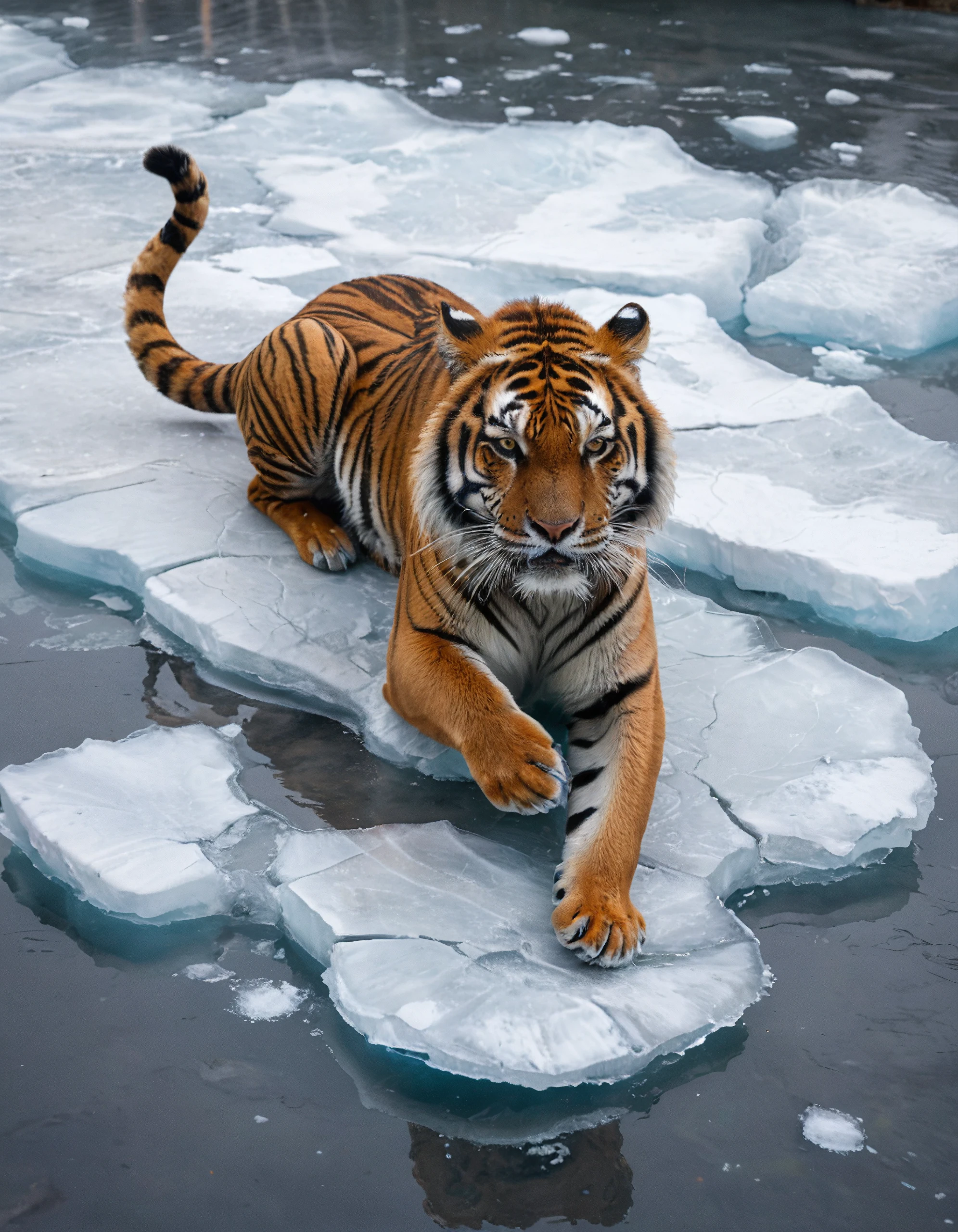 a tiger drifting on a piece of ice