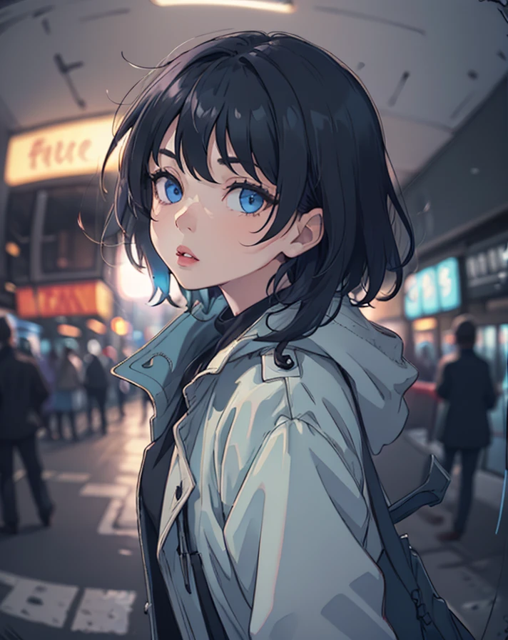 1girl, black hair, blue eyes, blurry, blurry background, blurry foreground, bokeh, chromatic aberration, coat, depth of field, detective coat, detective jacket, fisheye, focused, grey coat, lips, looking at viewer, medium hair, messy hair, motion blur, pov, solo, upper body
 <lora:Detective_FIles:0.7>