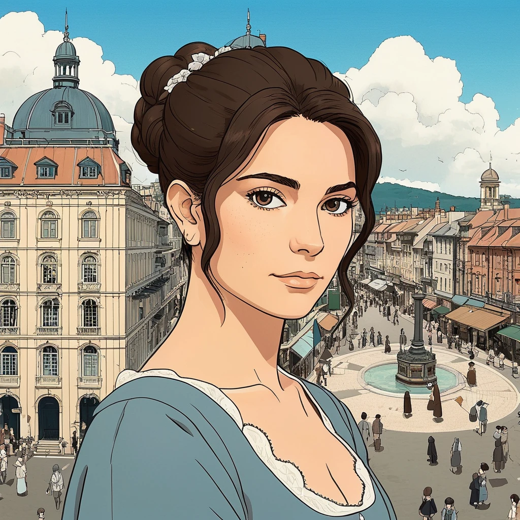Studio ghibli style illustration of the face of a woman looking at the viewer with a victorian city square in the background, , kyxsantoro, <lora:kyrsantoro_juggerX_xl_1_st_wocap_merger_28_50_92-02_03_05-kyxsantoro:1>