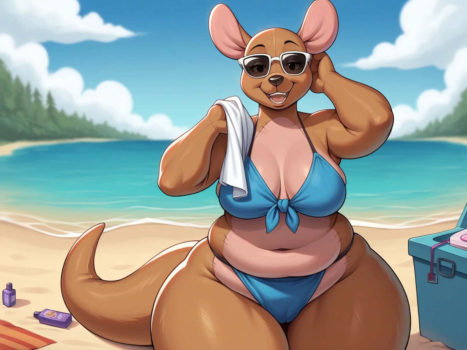 score_9, score_8_up, score_8,source_anime,
<1girl:1.5>,
<solo:1.5>,
female,
big tits,
thick thighs,
living_plushie,
furry female,
furry,
flat color,
thick thighs,
outdoors,
wide hips,
day,
animal ears,
grass,
half-closed eyes,
tail, sky,
smile,
breasts,
blue sky,
standing,
thighs,
body fur,
cowboy shot,
happy,
animal nose,
plush,
seams,
snout,
cloud,
looking at viewer,
two-tone fur,
brown fur,
black eyes,
blurry,
hands up,
simple eyes,
chubby,
big ass,
<lora:Kanga_Pooh_Pony_SDXL:1> kanga_pooh,, bikini,
beach,
towel,
sun,
lotion,
sunglasses