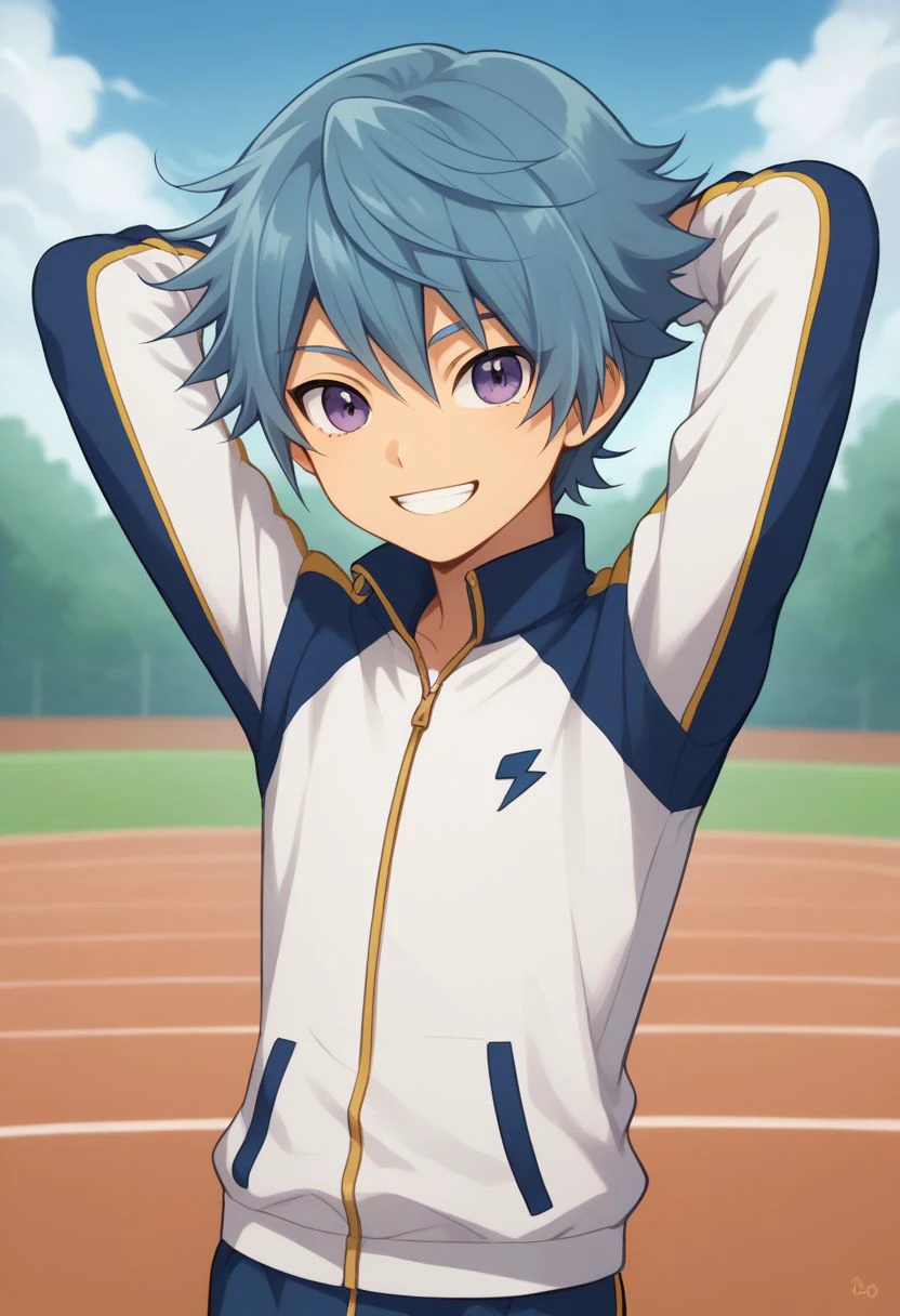 score_9, score_8_up, source_anime, highly detailed, 1boy, solo, male_focus, slender, skinny, cute,
hiura, 1boy, male focus, solo, blue hair, track jacket, purple eyes, jacket, upper body, raimon, hands behind head, smile, grin,
outdoor,