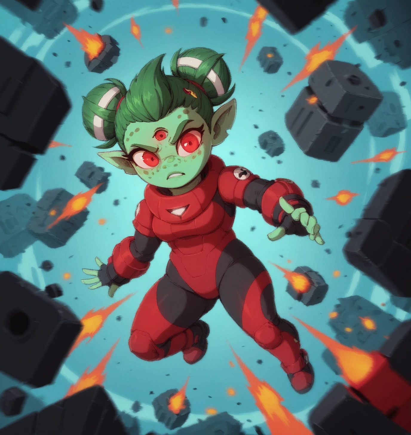 score_9, score_8_up, score_7_up, score_6_up, Detailed Background, BREAK
<lora:Ayla_Awesomenauts:0.6>, double bun, aylaan, short, 1girl, colored skin, pointy ears, green skin, green hair, hair bun, red eyes, freckles, BREAK
warzone, battle suit, lasers, debris, explosions, action scene