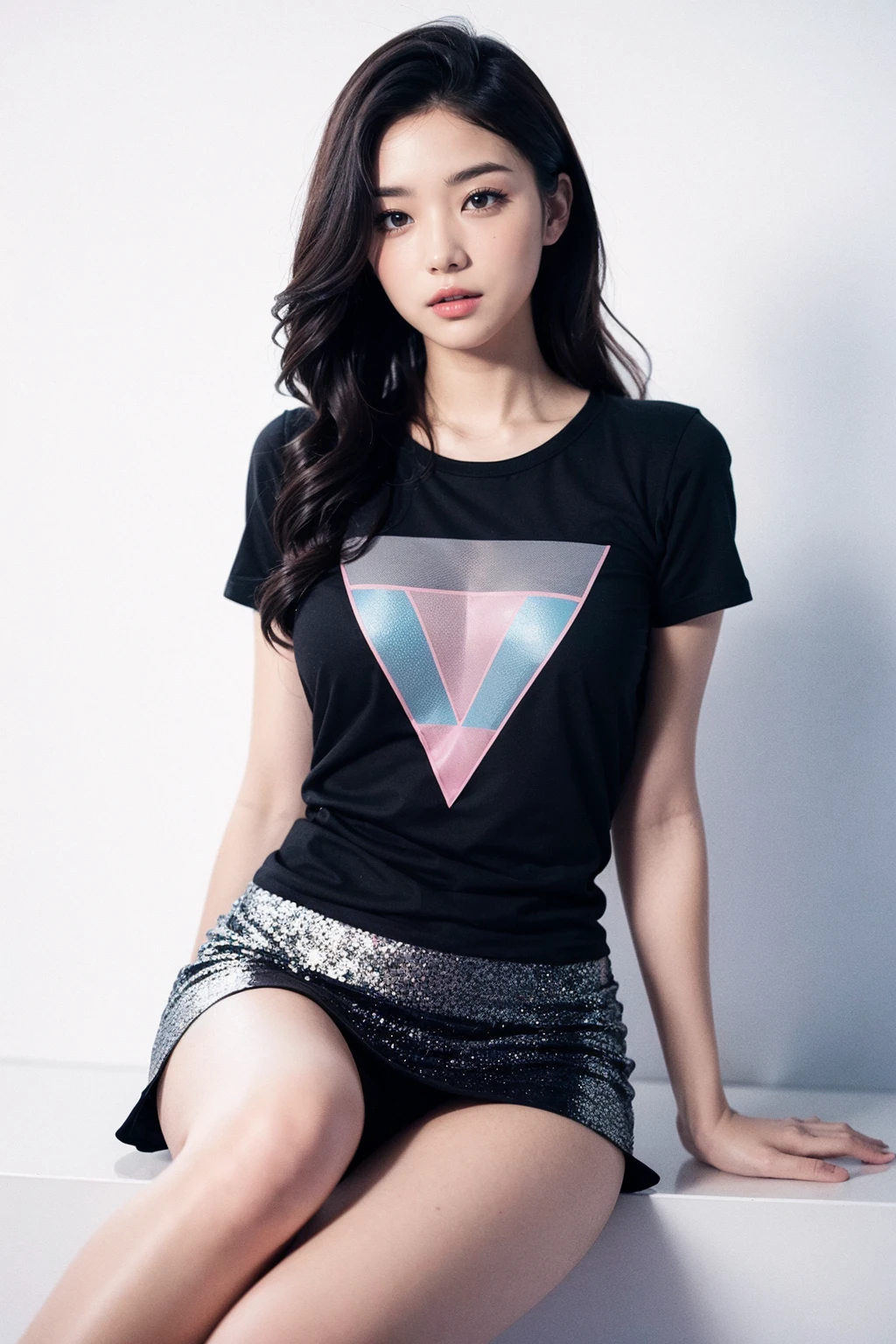 Pop art style, A beautiful elegant girl, Wavy long hair, T-shirt and mini-skirt, background is growing diamond, Fullbody, 3d photolistic,3d realistic,32k,hyper detail,ultra realistic,grossy skin ,soft lighting
