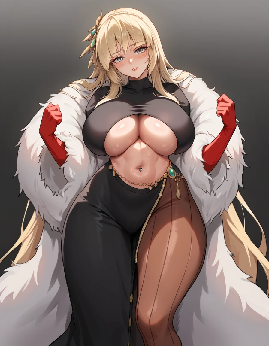 score_9, score_7_up, BREAK ,rating_explicit,
leonamad,  feather boa,hair ornament, very long hair,blonde hair,sidelocks,underboob cutout, black dress,pantyhose, red gloves,grey eyes
huge breasts ,looking at viewer, wide hips,thick thighs
<lora:Leona (last origin) XL CAME 4:1>