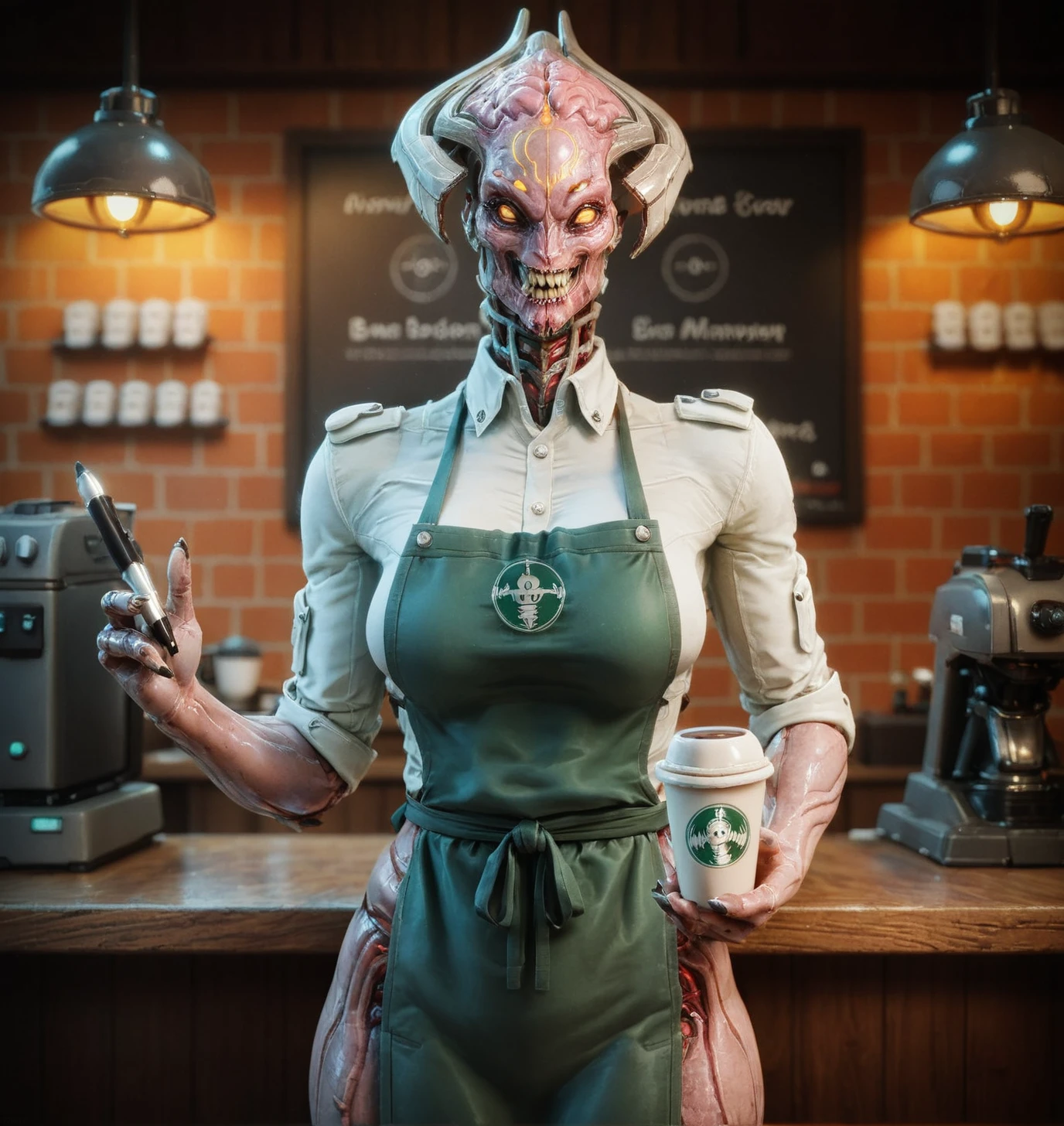 score_9, score_8_up, score_7_up, score_6_up, Detailed Background, BREAK
<lora:khan_maykr:0.7>, khanmaykr, 1girl, unmasked, teeth, no humans, BREAK
coffee shop, uniform, apron, smile