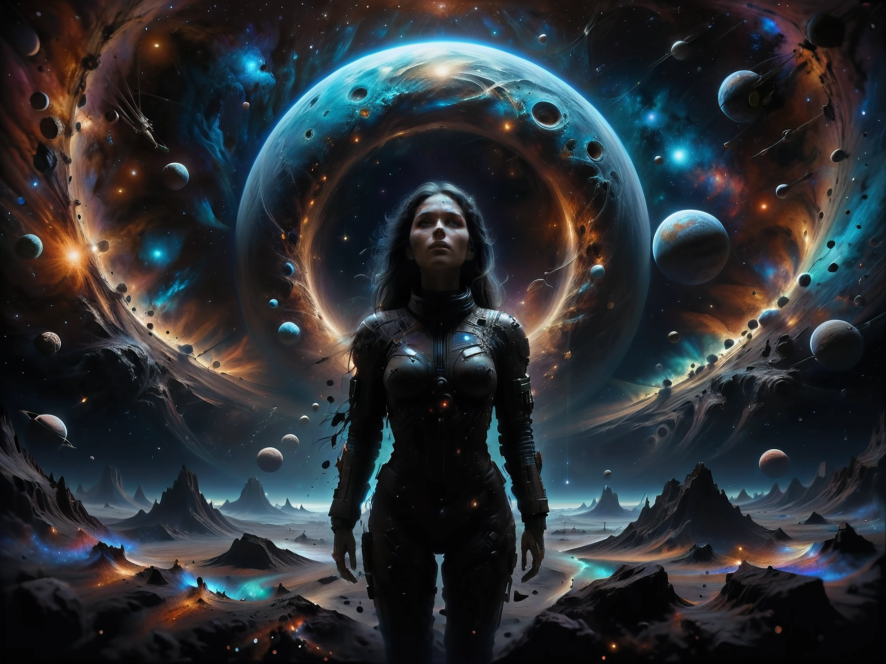 ASCIIview of a beautiful (sks woman:1) floating in space with the universe in the background,
sci-fi, horror, intricate details, high contrast,
(artwork by Beksinski, methurlant),