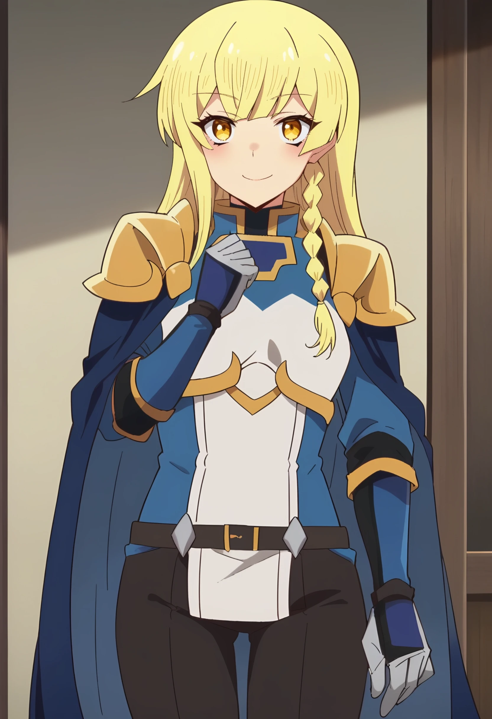 <lora:Balirossa:1> balirossa, blonde hair, long hair, 1girl, side braid, solo, yellow eyes, , looking at viewer, smile, blush, breastplate, blue cape, knight, shoulder armor, sheath, belt, black pants, white gloves , pauldrons, score_9, score_8_up, score_7_up, , anime coloring ,BREAK source_anime, anime