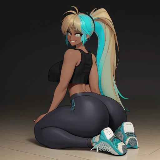 Carol_Carro3D, 1girl, looking at viewer, smile, yokozuwari, sitting on floor, huge ass, big ass, feet up, dark skin, multicolored hair, blonde hair, aqua hair, ponytail, very long hair, crop top, black yoga pants, sneakers