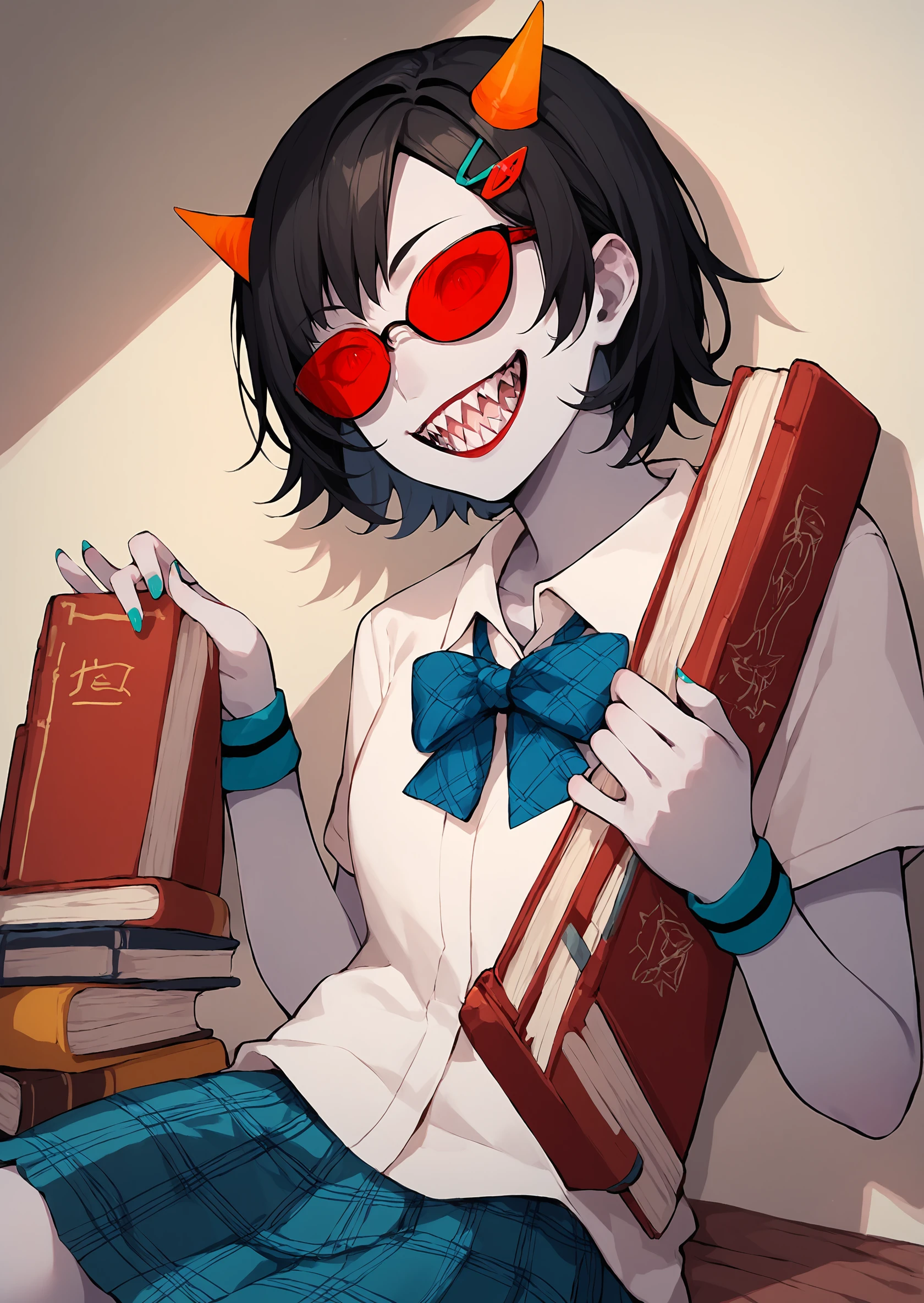 score_9, score_8_up, score_7_up, score_6_up, score_5_up, score_4_up, masterpiece, thick lines, 2d, flat colors, anime, terezi pyrope, 1girl, solo, smile, short hair, skirt, black hair, hair ornament, bow, jewelry, school uniform, horns, glasses, teeth, hairclip, grin, book, plaid, colored skin, fangs, plaid skirt, sunglasses, sharp teeth, wristband, red-tinted eyewear, grey skin, red sclera <lora:terezipyropepony:1.2> BREAK source_anime