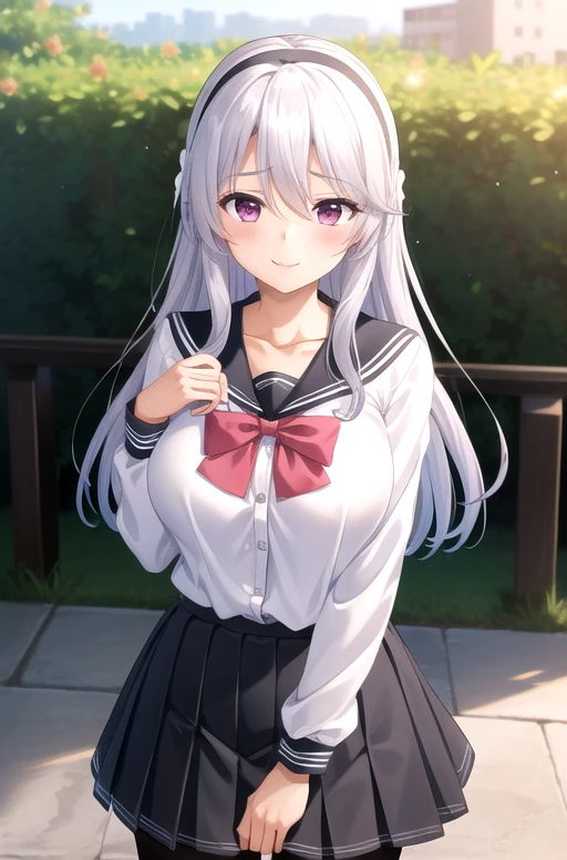 ((masterpiece)),(best quality),official art,extremely delicate and beautiful,extremely detailed CG,unity 8k wallpaper,ultra detailed,beautiful detailed eyes,extremely detailed face,outdoors,1girl,solo,cowboy shot,looking at viewer,facing viewer,smile,Watase Nagisa,long hair,white hair,hair intakes,black hairband,hair ribbon,white ribbon,hair between eyes,bangs,pink eyes,collarbone,school uniform,black sailor collar,white shirt,red bowtie,long sleeves,large breasts,miniskirt,black skirt,pleated skirt,black pantyhose,black footwear,<lora:Watase Nagisa(khsk):0.6>,