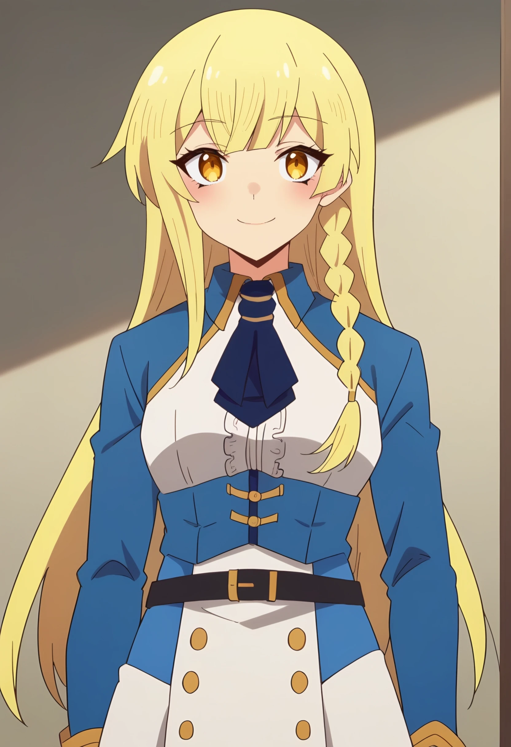 <lora:Balirossa:0.9> balirossa, blonde hair, long hair, 1girl, side braid, solo, yellow eyes, portrait, looking at viewer, smile, blush, , jacket, long sleeves, blue ascot, blue jacket, black belt,shirt, score_9, score_8_up, score_7_up, , anime coloring ,BREAK source_anime, anime