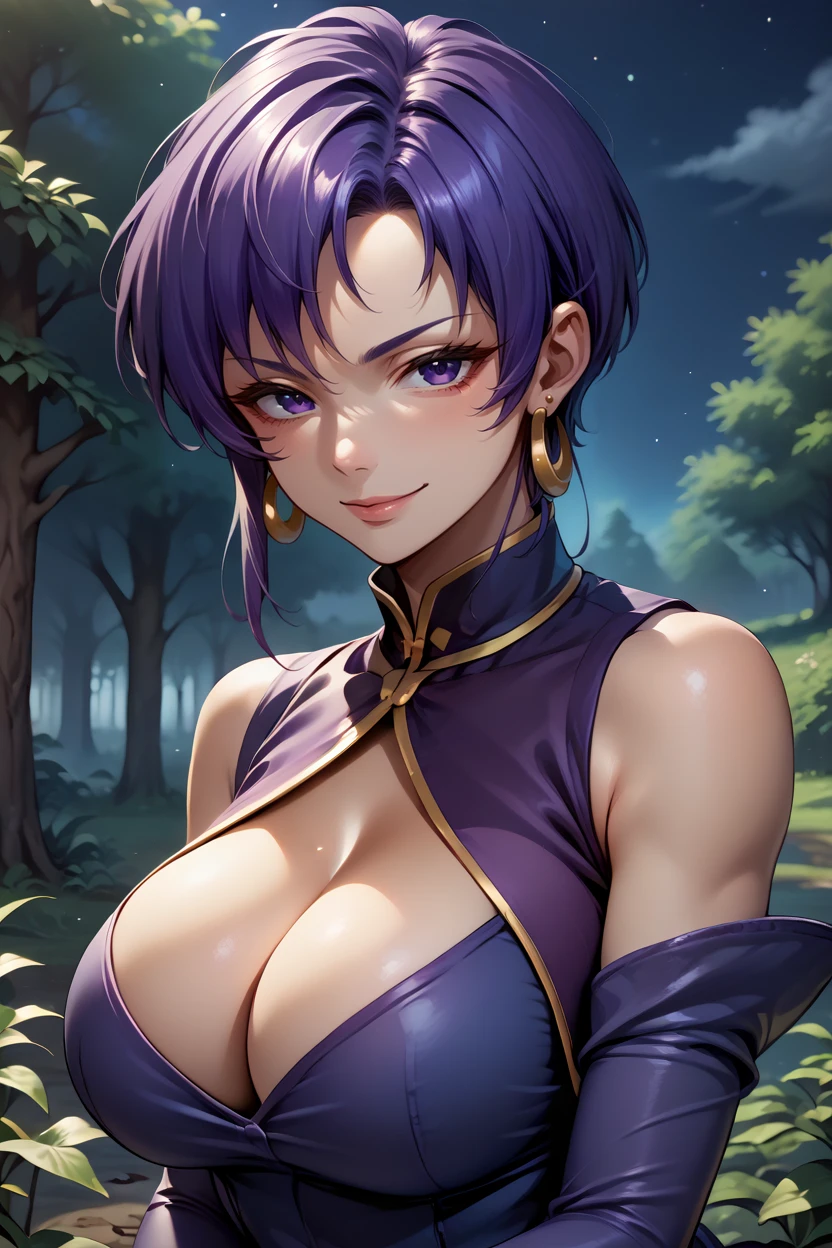 score_9, score_8_up, score_7_up, score_6_up, source_anime BREAK 1girl, solo <lora:feursula-pdxl-nvwls-v1-000005:1> defUrsula, purple hair, earrings, purple dress, purple vest, cleavage, elbow gloves, purple gloves, big breasts, night sky, forest, looking at you, smirk