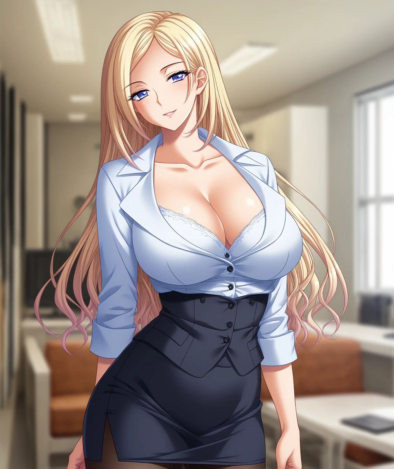 score_9, score_8_up, score_7_up, nsfw, uncensored, source_hentai, source_anime,  highly detailed, masterpiece, game_cg,
<lora:Watase_Otoha_lora_xlv2:0.85>, blue_eyes, long_hair, blonde hair, large breasts, 
(1girl), (portrait), indoors, sexy,
cleavage, black pantyhose, high-waist skirt, (pencil skirt), suit,
(standing),looking at viewer, (light smile:0.6),