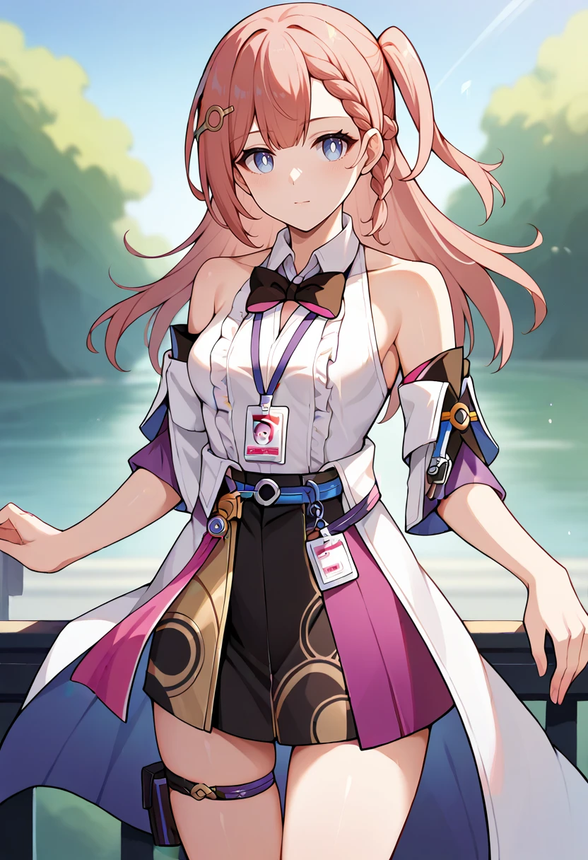 score_9,score_8_up,score_7_up,score_6_up,score_5_up,score_4_up,
1girl, asta \(honkai: star rail\), long hair, one side up, breasts, french braid, hair ornament, collared shirt, sleeveless shirt, detached sleeves, bowtie, skirt, thigh strap, id card, overcoat,
solo, cowboy shot, looking at viewer, outdoors,
<lora:astaponyxl1:1>