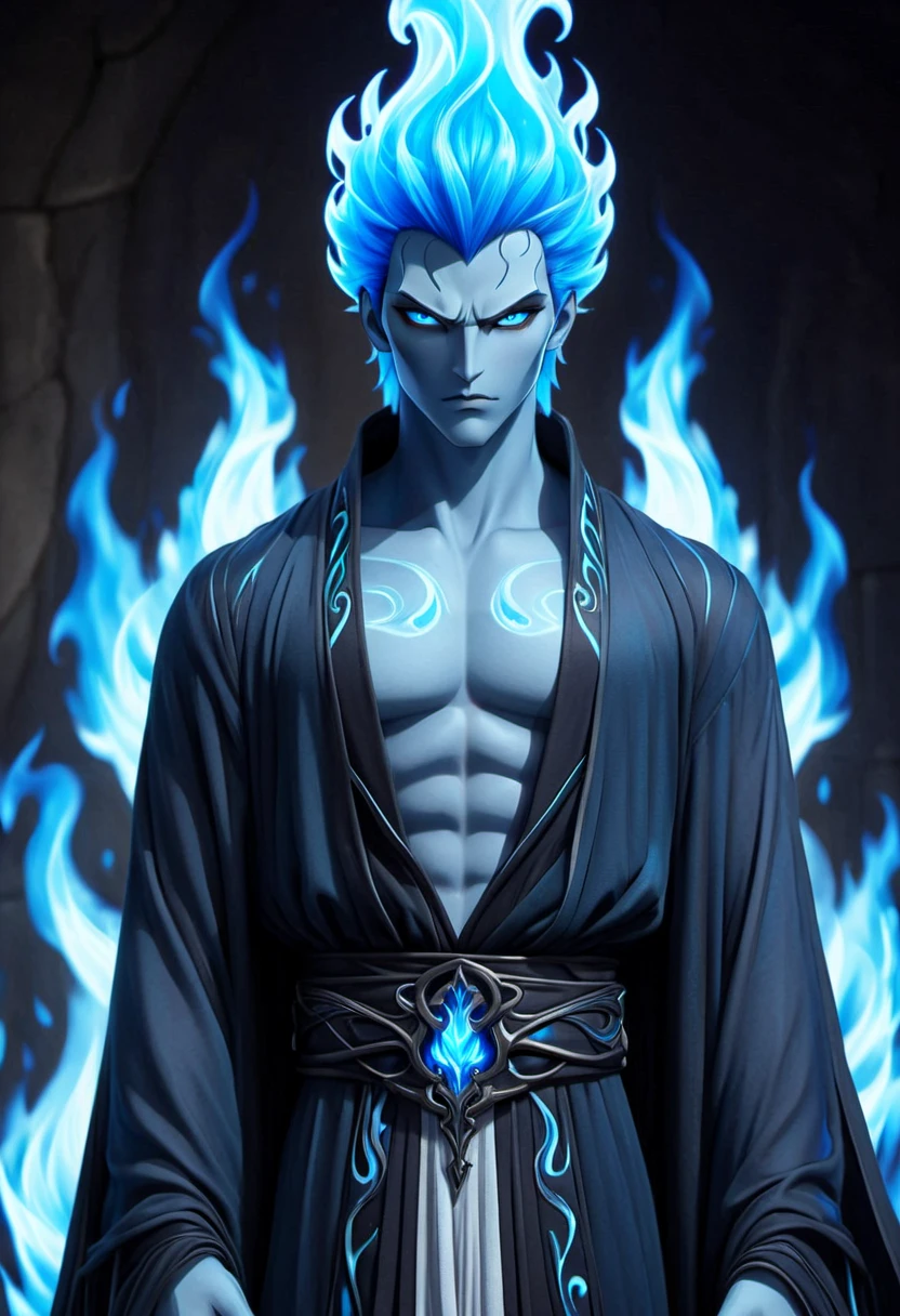 (((masterpiece))) , (((best quality))) , anime style, 2d, well-built charming 1boy, solo, lovely 1boy, Hades-ish, beautiful gorgeous man, (blue flames instead of hair), long flowing open elegant skull motif robe, (bare chest:1.2), (stone dungeon background:1.2), he has Shaved sides hair, key visual, 