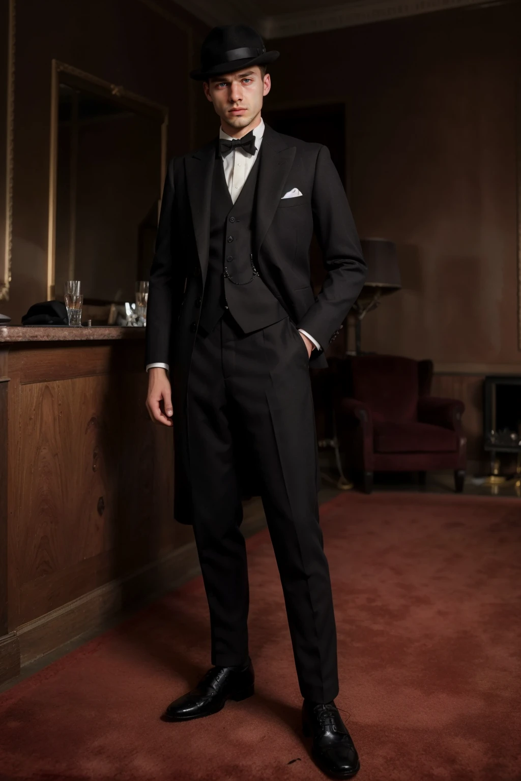 1930s Fashion, professional photo of 24yo man in detailed suit with hat and shoes, 4k, 8k, high quality, perfect lighting, detailed face and detailed eyes, skin detail, solo focus, photography raw, (interior mansion 1930s), perfect lighting, clean smooth skin, full body, looking at camera, detailed eyes, pretty face, full body standing, photoshoot, <lora:1930sFashion2-000002:0.5>