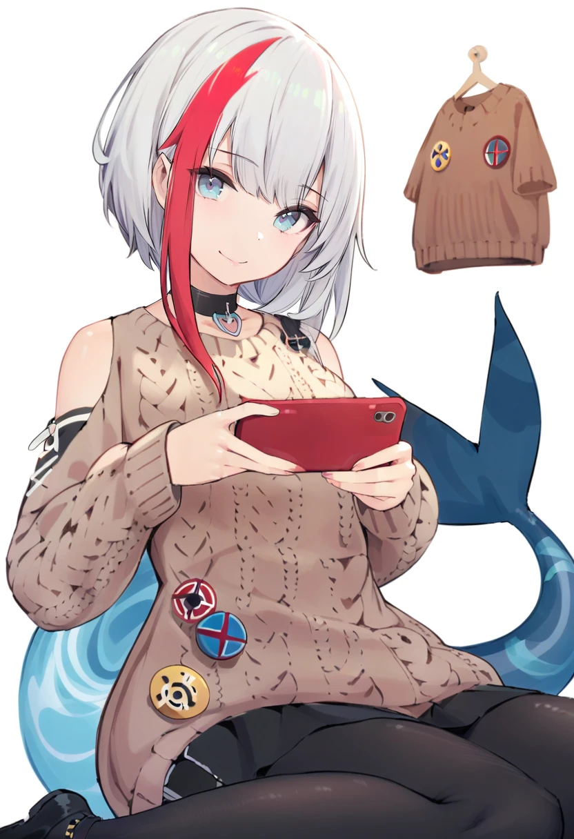 masterpiece, best quality,<lora:nekojiraXL_ANI31_lokr_V4302:0.95> 1girl, admiral graf spee \(azur lane\), solo, official alternate costume, phone, tail, multicolored hair, pantyhose, blue eyes, streaked hair, cellphone, holding, fish tail, choker, sweater, skirt, shark tail, red hair, holding phone, smile, shoulder cutout, black pantyhose, black skirt, white hair, white background, sitting, brown sweater, looking at viewer, smartphone, short hair, simple background, black choker, clothing cutout, fins, wariza, cable knit, long sleeves, aran sweater, closed mouth, sidelocks, badge, black footwear, bare shoulders, button badge