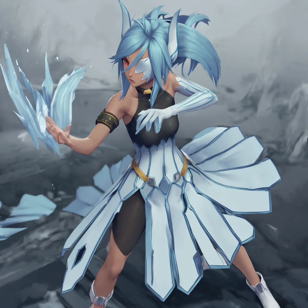 semi-realistic, 1girl, battle_stance, full body, from side, casting an ice spell, magic circle <lora:CelsiusXL:1> Celsius, ice hair, ice horns, red eyes, eyepatch, bare shoulders, bodysuit with choker, armband, single elbow glove, uneven legwear, pale blue long skirt with blue trim, white footwear