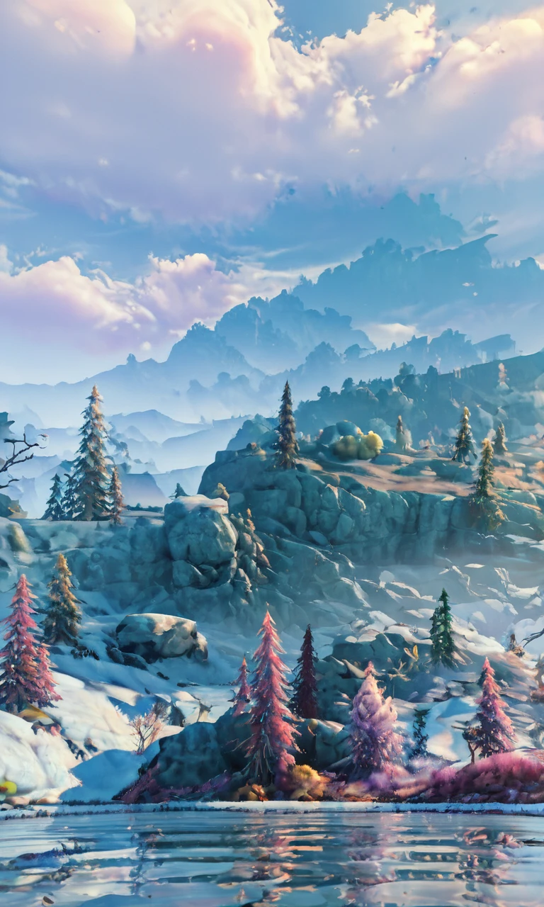 score_9, score_8_up, score_7_up, score_6_up, score_5_up, score_4_up, wutheringscene, scenery, sharp, detailed, a large body of water surrounded by snow covered rocks, winter lake setting, icy lake setting, ice snowy lake setting, desolate glacial landscape, sparse frozen landscape, frozen lake, dusting of snow, by emmanuel lubezki, desolate arctic landscape, wide angle landscape photography, rocky lake shore, snowy landscape, by Kume Keiichiro , 8k ultra hd, unreal engine 5,Guilin Scenery,mountain,forest,cloud,low light,darkness,humid,view from below