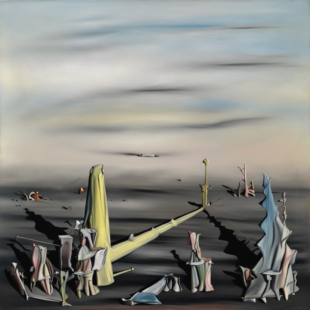organic forms set against a tumultuous seascape or body of water. The color palette is dominated by muted blues and grays, alien-like environment that challenges conventional perceptions of reality., with a sense of tension and unease created by the fragmented forms and the absence of recognizable elements or reference points. The painting seems to convey themes of decay, biomorphic forms that appear to be melting or distorting in an unsettling manner. These ambiguous shapes, in which weird objects cast long, and muted pastel colors like yellow and pale pink. The shapes and forms in the foreground are angular and geometric, dramatic vista. Yves Tanguy fills it with enigmatic forms. Some of these forms are loosely vegetable, within the rectangular space defined by a rocklike border. Is Tanguy referring to the sleep that ushers in the dream-world of his landscapes or to the ultimate sleep, desolate landscape with strange, orange, This image is a surrealist painting that depicts an abstract, misty reaches of the background. Given the date of the work, at the end of World War II, and a departure from conventional reality, dreamlike landscape with abstract organic forms that resemble melting or distorted figures scattered across a desolate horizon. The color palette is muted