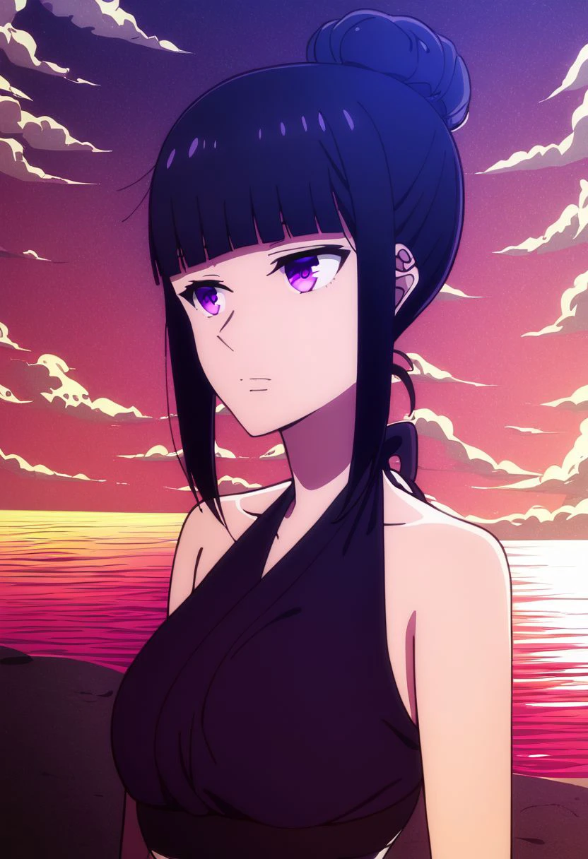 score_9, score_8_up, score_7_up,スイムウェア \(群堂 みすず\), Swimsuit \(Misuzu Gundou\) , waist up, black hair, purple eyes, single hair bun, closed mouth, medium breasts, blunt bangs, background: back with crashing waves, sunset, lensflair,