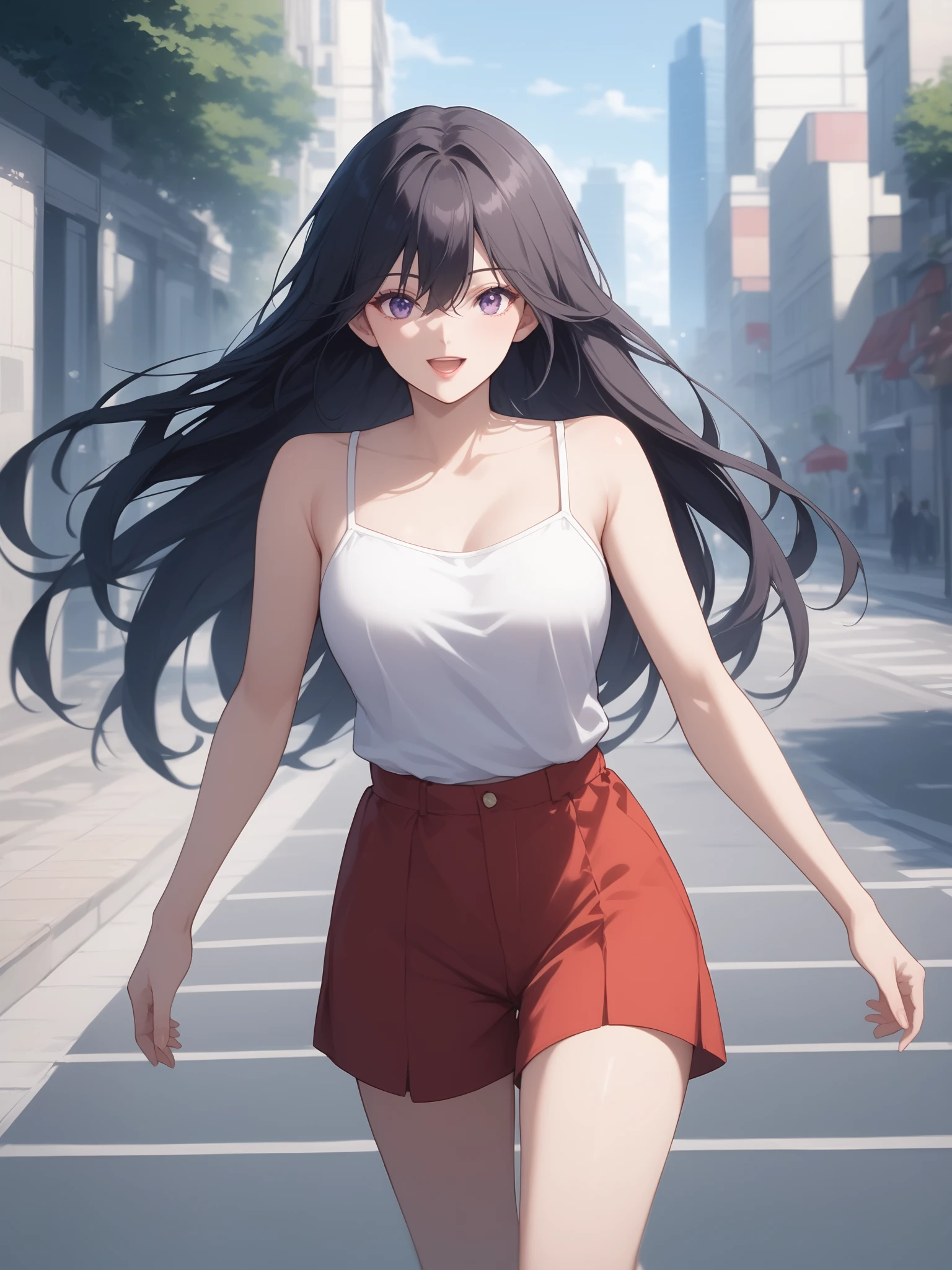 score_9, score_8_up, score_7_up, intricate details, source_anime, intricate details, highly detailed background, perfect lightingbest quality, dunalee, solo, outdoors, cowboy shot, city, day, running, black hair, hair between eyes, very long hair, makeup, purple eyes, breasts, white shirt, white camisole, sleeveless shirt, bare shoulders, red skirt, red shorts, smile, open mouth, :d, pink lips, <lora:Duna-Lee:0.7>