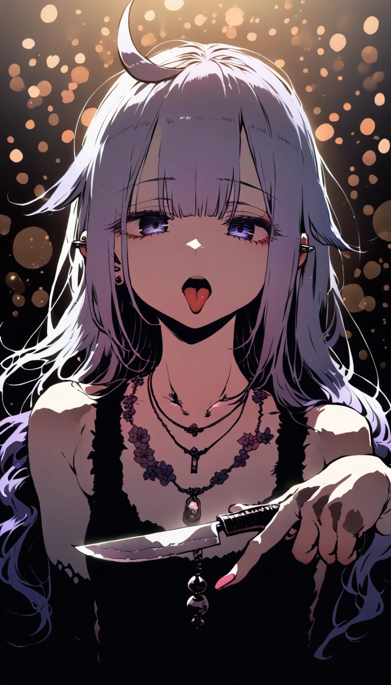 1girl, unicorn \(azur lane\), azur lane, by ssambatea, [by wlop], alternate outfit, looking at viewer, makeup, yami kawaii, emo, goth girl, parted lips, looking at viewer, ear piercing, necklace, holding, kitchen knife, knife, yandere, tongue out, 69 tattoo
BREAK 
beautiful, simple background, gradient background, watercolor, watercolor painting, masterpiece, best quality, very aesthetic, absurdres, cinematic still, emotional, harmonious, vignette, highly detailed, high budget, bokeh, cinemascope, moody, epic, gorgeous, film grain, grainy