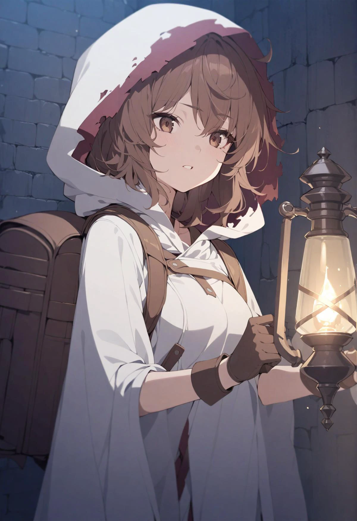 masterpiece <lora:Lili_danmachi_XL_standard:1> 1girl, medium hair, brown hair, messy hair, brown eyes, white cloak, hood up, gloves, backpack, indoors, dungeon, holding lamp